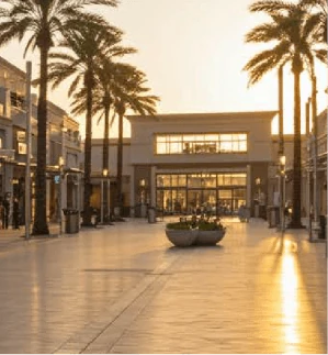 ساحة عامة مع نافورة عند الغروب